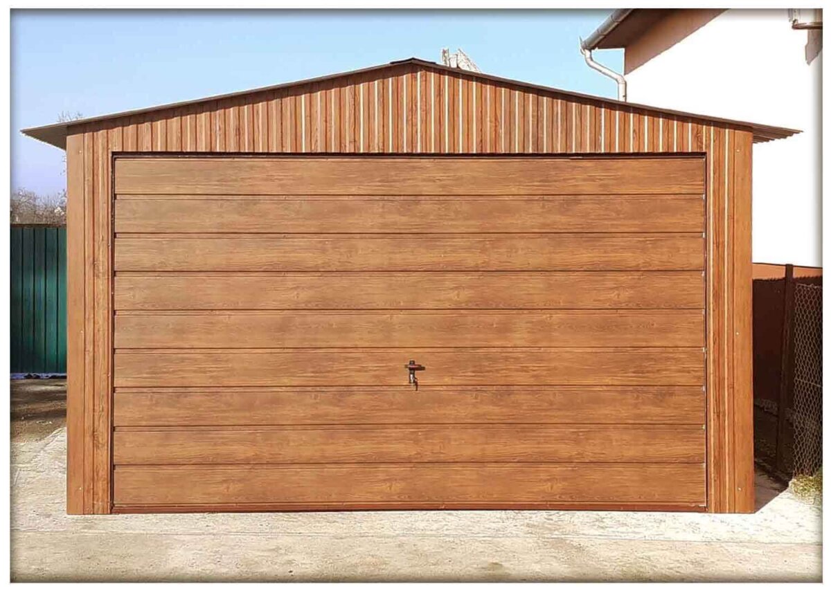 Plechová garáž 4×6m / 4x5m sedlová střecha - zlatý dub