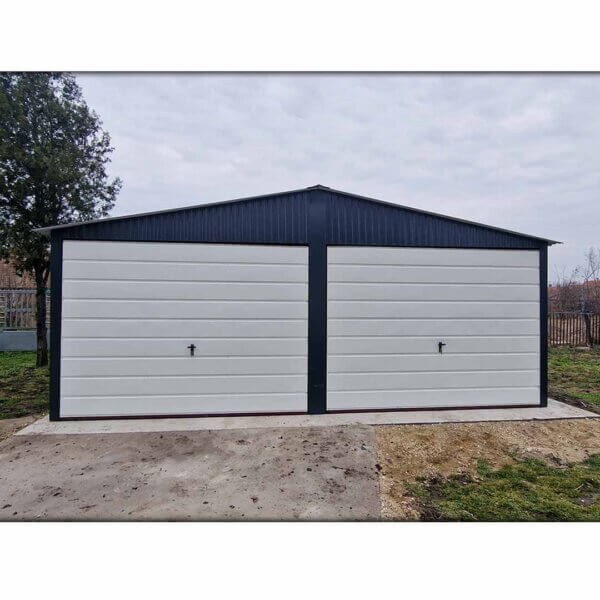 Plechová garáž 6x5m, sedlová střecha, grafitová, vrata BTX 9010