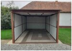 Plechová garáž 3×5m-výklopná vrata-široký panel-tmavý ořech