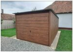 Plechová garáž 3×5m-výklopná vrata-široký panel-tmavý ořech