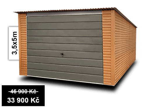 Plechová garáž 3,5×5 m – zlatý dub s grafitovou bránou Plechová garáž 3,5×5 m – zlatý dub s grafitovou bránou