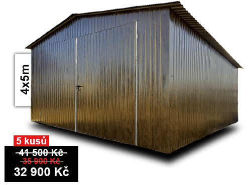 Plechová garáž 4x5m sedlová střecha tmavý ořech lesk Plechová garáž 4x5m sedlová střecha tmavý ořech lesk